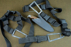 "Hooded Warrior" modular black sheath wear system components: sternum harness, belt loop extender, spine harness