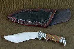 "Hooded Warrior" obverse side view, shown with collector's display sheath in ostrich leg skin inlay in burgundy leather