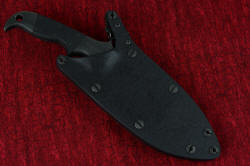 "Hooded Warrior" sheathed view. Sheath is positively locking, anodized aluminum frame, all black stainless steel hardware and fittings, double thickness kydex. 