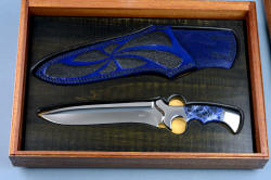 "Kadi" knife and sheath in case. Insert is American poplar, ebonized to match ensemble, lacquered for protection.