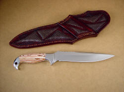 "Kapteyn" reverse side view of knife: note fine grind, full tooling and inlays  on rear of knife sheath