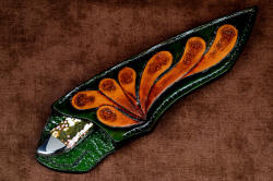 "Kita" sheath mouth view showing high sheath back in sealed, lacquered heavy leather shoulder