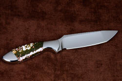 "Kita" reverse side view of knife. Elegant lines, exotic and unusual gemstone handle with advanced treatment stainless steel blade
