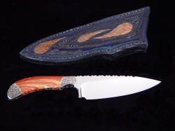 "La Cocina" chef's, kitchen knife, reverse side view. Note striking gemstone handle, hippopotamus skin and hand-carving on sheath back and belt loop