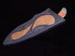 "La Cocina" sheathed view. Sheath is deep and protective, inlaid with rare hippo skin and hand-carving and tooling