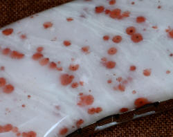 "Lacerta" fine handmade knife, 10x magnification of gemstone handle material, red freckled dolomite