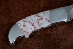 "Lacerta" fine handmade knife, reverse side handle detail. Rear bolster accommodates small or ring finger, all surfaces rounded and smoothed for comfort