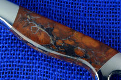 "Mariner" Custom Knife, obverse side gemstone handle detail. Stone canyon jasper is brecciated, metamorphic rock that has a brilliant vitreous polish