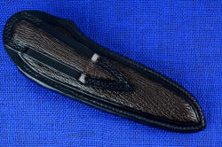 "Mariner" Custom Knife, sheath back view. Sharkskin inlays in belt loop, loop is double-row stitched for strength