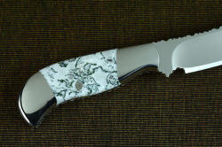 "Menkar" reverse side handle view. Bolsters are robust and permanently attached to the tang, dovetailed to bed gemstone handle material permanently