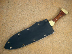 "Nasmyth-Marius" tactical khukri, sheathed view. Weight of blade is plenty to keep knife secured in tough kydex and aluminum sheath