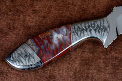 "Nishi" reverse side handle detail. Bolsters are fully engraved, in very tough, zero-care austenitic stainless steel. 