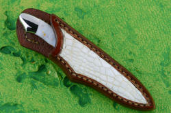 "Nunki" sheathed view. Sheath is small but protective, with bold white alligator skin inlays, front and back