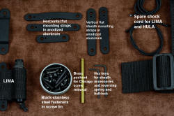 "Oculi" professional counterterrorism, tactical, working knife, accessory details: flat mounting straps, spare shock cord, hardware and fasteners, tools