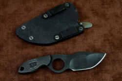 "Oculi" professional counterterrorism, tactical, working knife, reverse side view with sheath back shown with die-formed anodized aluminum belt loops