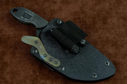 "Oculi" professional counterterrorism, tactical, working knife, sheath shown with LIMA and ThruNite Ti3 mounted