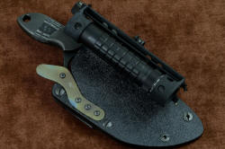 "Oculi" professional counterterrorism, tactical, working knife, shown with HULA and Mag-Tac flashlight mounted