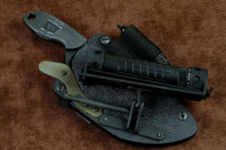 "Oculi" professional counterterrorism, tactical, working knife, shown with alternate mounting of HULA and LIMA on knife sheath