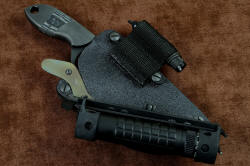 "Oculi" professional counterterrorism, tactical, working knife, shown with alternate mounting of HULA and LIMA and articulating direction demonstrated