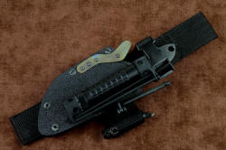 "Oculi" professional counterterrorism, tactical, working knife, shown with sheath mounted to Ultimate Belt Loop Extender with HULA mounted on sheath