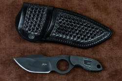 "Oculi" professional counterterrorism, tactical, working knife, with heavy leather black basketweave sheath, obverse side