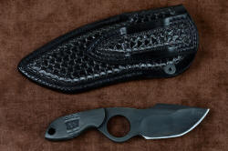 "Oculi" professional counterterrorism, tactical, working knife, reverse side view with leather sheath, double row stitching on belt loop
