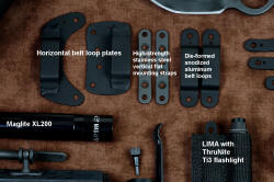 "Oculi" professional counterterrorism, tactical, working knife, accessory detail: horizontal belt loops, flashlights, belt mount accessories