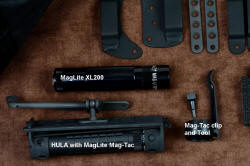 "Oculi" professional counterterrorism, tactical, working knife, accessory details: MagLite flashlights, clips, LIMA