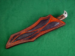 "PJLT" sheathed view. Leather sheath is deep, thick, and protective of both the knife and wearer. 