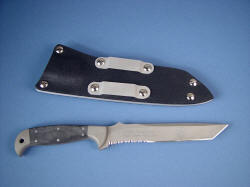 "PJLT" Pararescue CSAR knife, reverse side view. Note corrosion resistant reversible aluminum belt loops 