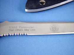 "PJLT" combat knife for United States Air Force Pararescueman, diamond engraved PJ angel, text, and creed