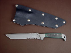 "PJLT" custom tactical combat knife, obverse side view, shown with tension fit kydex, aluminum, and nickel plated steel sheath