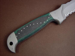 "PJLT" fine custom tactical knife, reverse side handle view. Handle is layered green and black canvas reinforced micarta phenolic for high durability