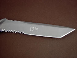 "PJLT" reverse side blade engraving detail, monogram of client in Old English, diamond rotary engraved into stainless steel blade