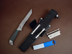 "PJLT" knife, sheath, extender, accessories. Includes diamond pad sharpener, fire steel striker and magnesium block fire starter, as well as all stainless steel mounts and fasteners.
