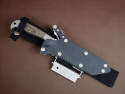 "PJLT" sheathed view. Sheath is positively locking with stainless steel mechanism, Chicago screws in sheath body are bead blasted stainless steel