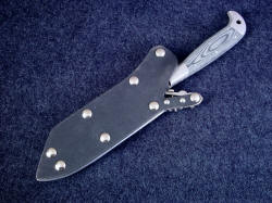 "PJLT" smokejumper's custom knife: sheathed view. Positively locking sheath is made for active retention, including pararchuting.