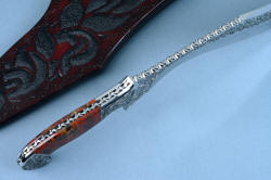 "Pallene" custom handmade knife sculpture, knife blade spine detail shows filework, tapered tang, contouring of bolsters