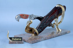 "Pallene" custom handmade knife sculpture, back side left view. Sculptural components of silicon bronze match design on knife and sheath, hand-cast by lost wax process
