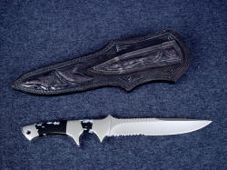 "Patriot" custom knife, reverse side view. Sheath has emu skin exotic inlays on back and even in the belt loop