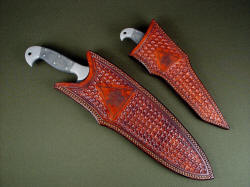 "Mercator" and "Phlegra" in matching custom hand-tooled and engraved leather sheaths