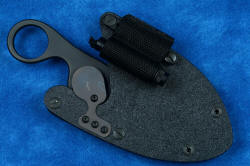"Random Access III" professional tactical, combat, working, counterterrorism knife, sheath shown with LIMA and ThruNite Ti3 flashlight on sheath front mount