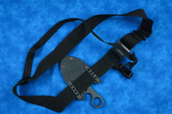 "Random Access III" professional tactical, combat, working, counterterrorism knife, mounted to sternum harness with high strength stainless steel clamping straps. Knife mounts handle-down at sternum