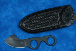 "Random Access III" professional tactical, combat, working, counterterrorism knife, obverse side view with vertical traditional black basketweave leather sheath