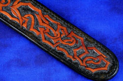 "Rebanador" Fine Custom Handmade knife, reverse side sheath detail. Many hours of design work and carving into sheath 