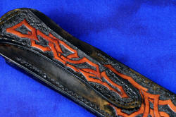 "Rebanador" Fine Custom Handmade knife, sheath belt loop detail. Hand-carved pattern works well with long, narrow slicer and gemstone handle
