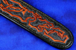 "Rebanador" Fine Custom Handmade knife, sheath front detail. Striking patten is a reflection of the gemstone brecciation of the Jasper handle
