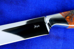 "Rebanador" Fine Custom Handmade knife, maker's mark detail against dark reflection
