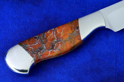 "Rebanador" Fine Custom Handmade knife, reverse side gemstone handle detail. Handle has wide rear bolster for balance, forefinger placement is smooth and comfortable.