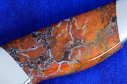 "Rebanador" Fine Custom Handmade knife, gemstone handle detail showing white chalcedony agate with brecciated jasper fused into completely solid rock
